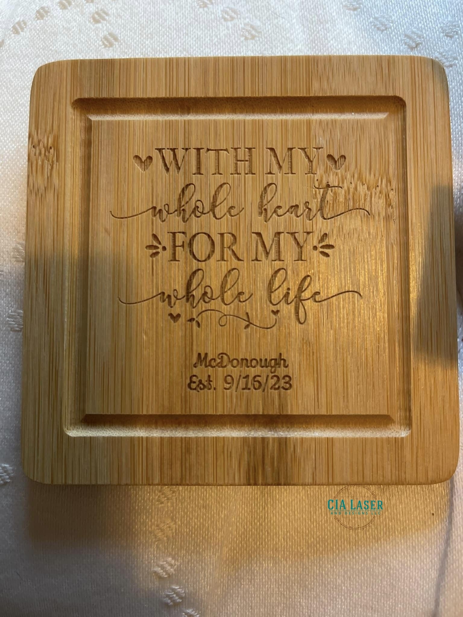 Laser Engraved Personalized 4pk Bamboo Coaster set with Holder