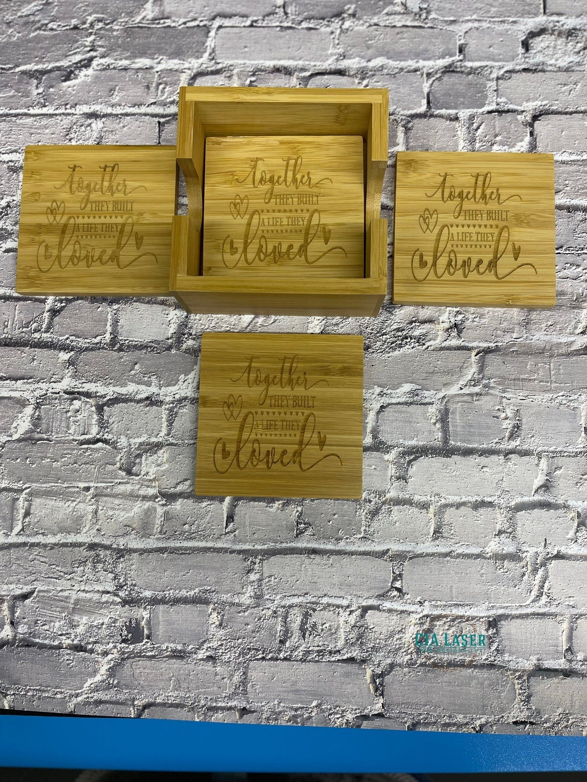 Laser Engraved Personalized 4pk Bamboo Coaster set with Holder