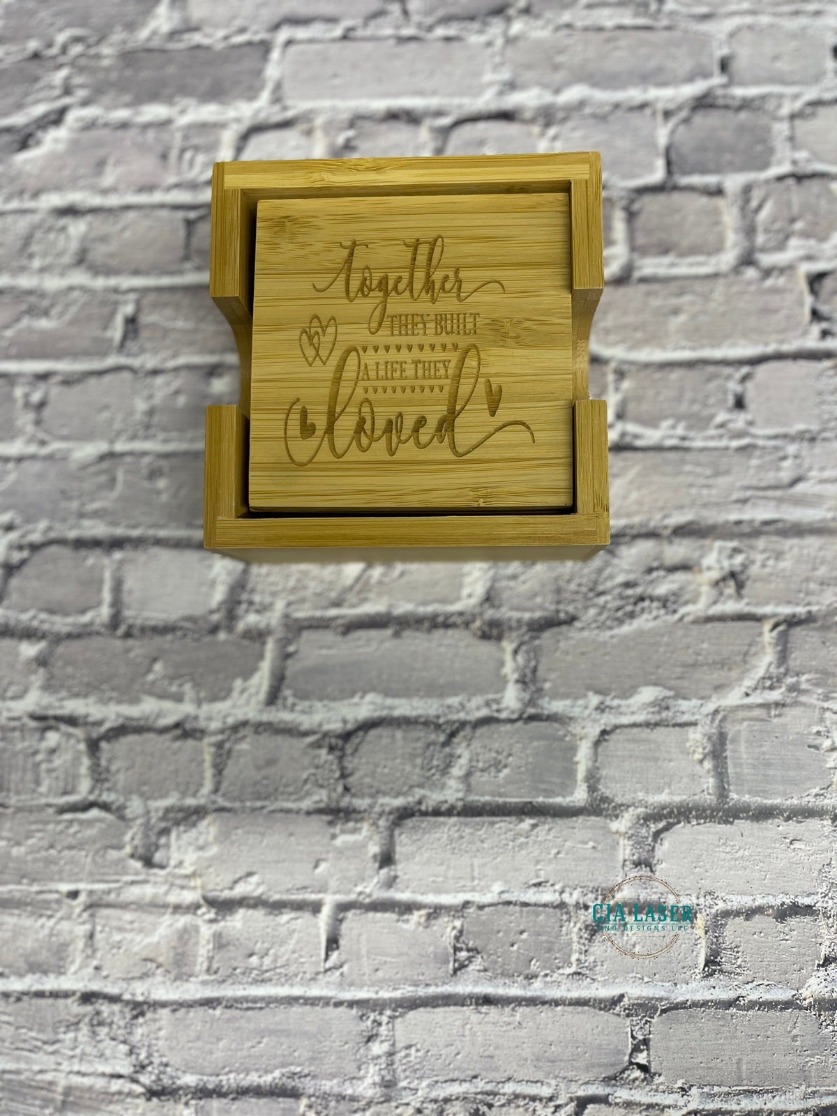 Laser Engraved Personalized 4pk Bamboo Coaster set with Holder