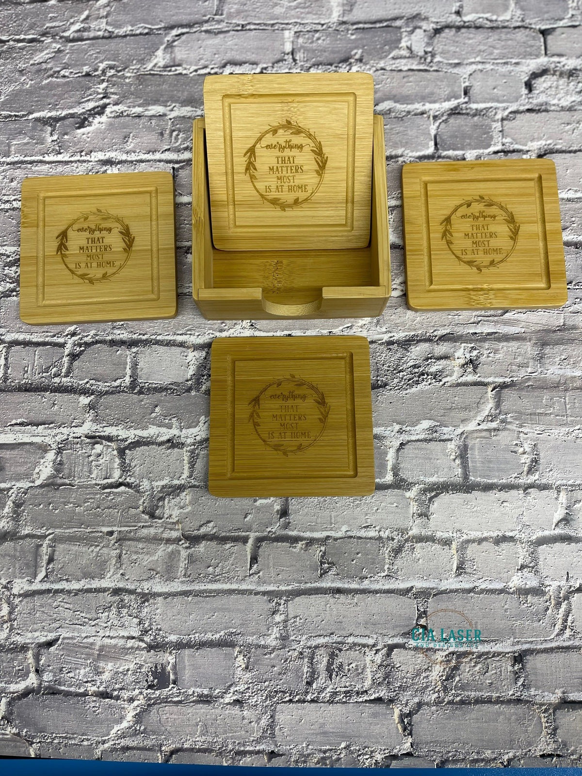 Laser Engraved Personalized 4pk Bamboo Coaster set with Holder
