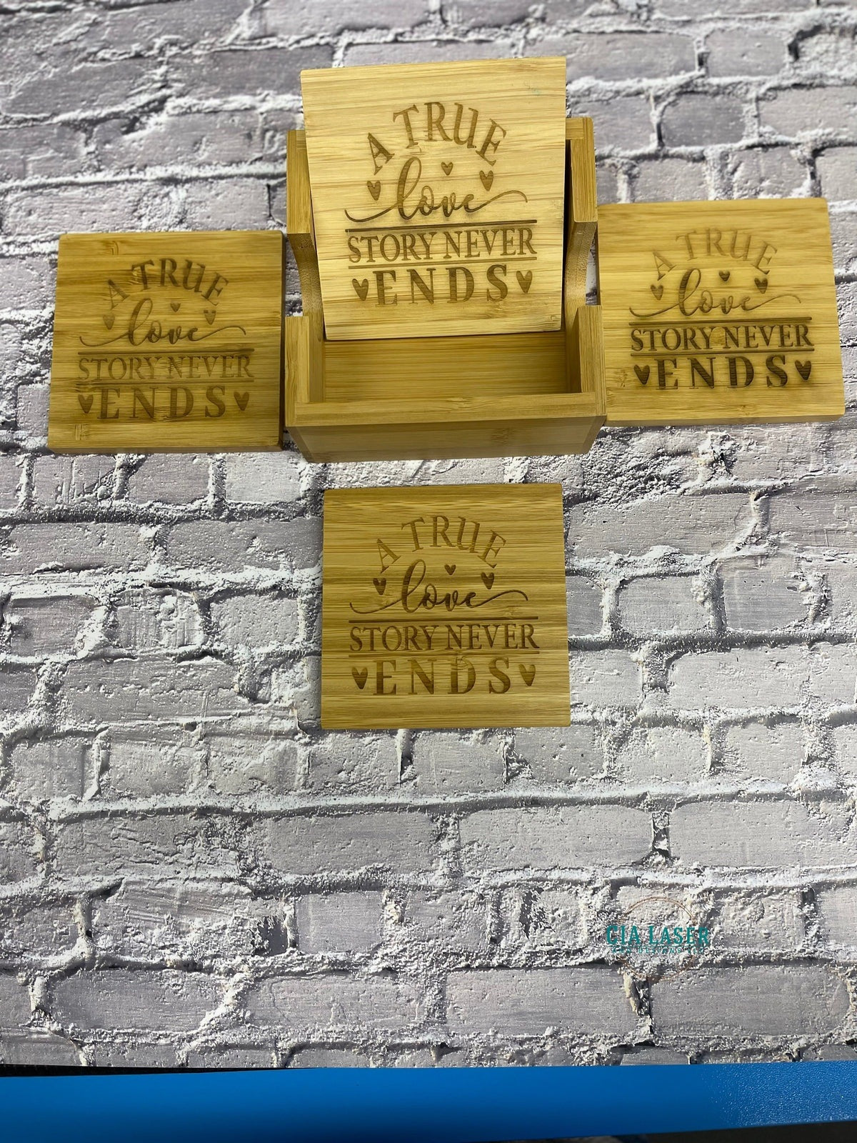 Laser Engraved Personalized 4pk Bamboo Coaster set with Holder