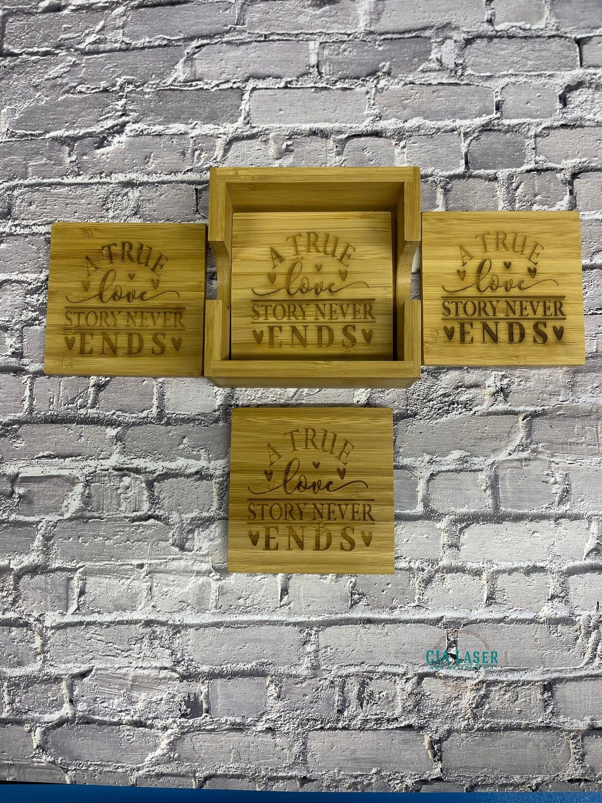 Laser Engraved Personalized 4pk Bamboo Coaster set with Holder
