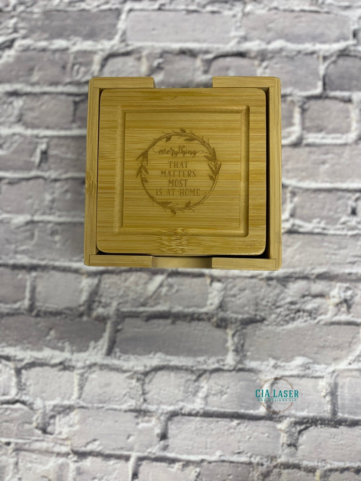 Laser Engraved Personalized 4pk Bamboo Coaster set with Holder