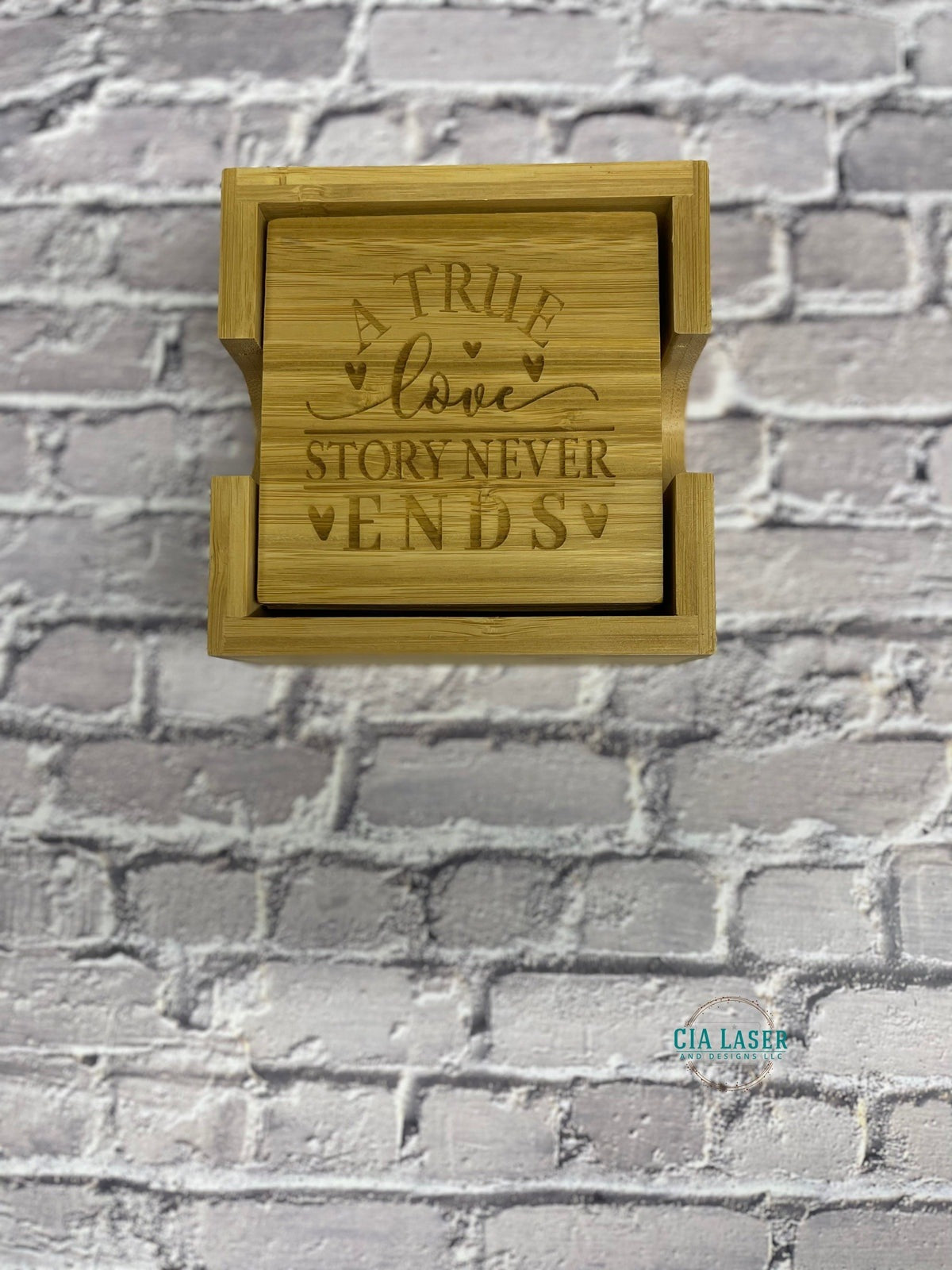 Laser Engraved Personalized 4pk Bamboo Coaster set with Holder