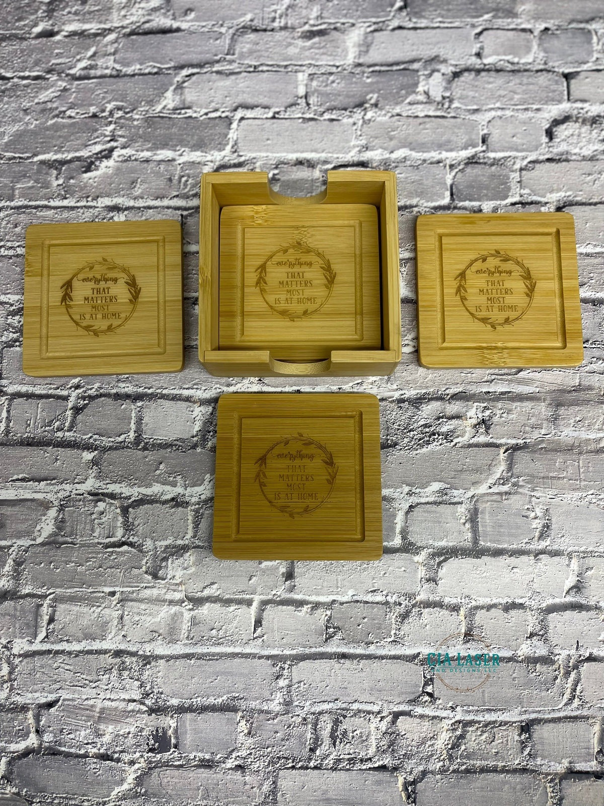 Laser Engraved Personalized 4pk Bamboo Coaster set with Holder
