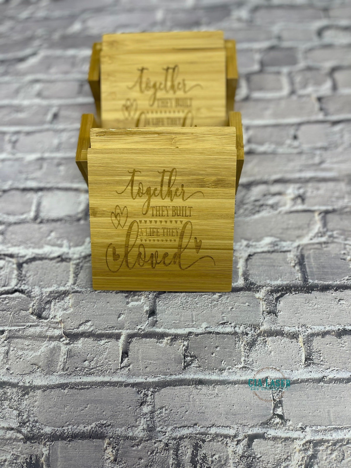 Laser Engraved Personalized 4pk Bamboo Coaster set with Holder