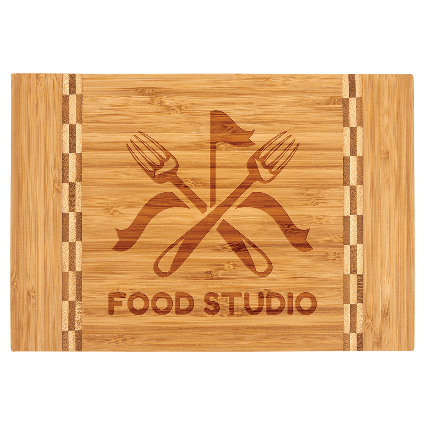 Wooden cutting board with engraved logo and 'Food Studio' text on a green background