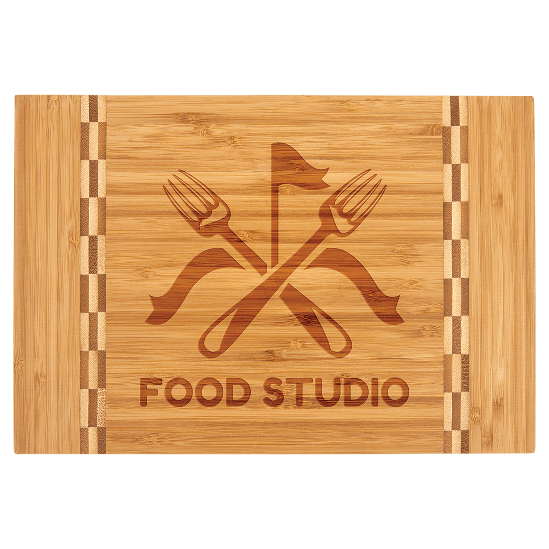 Wooden cutting board with engraved logo and 'Food Studio' text on a green background
