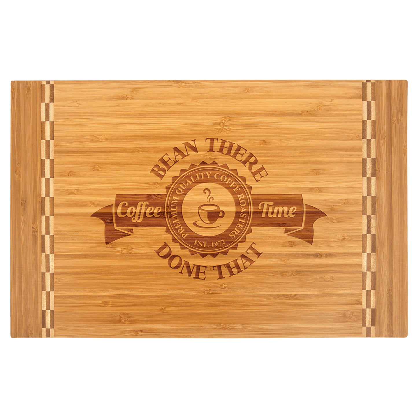 Wooden cutting board with engraved text and logo on a green background