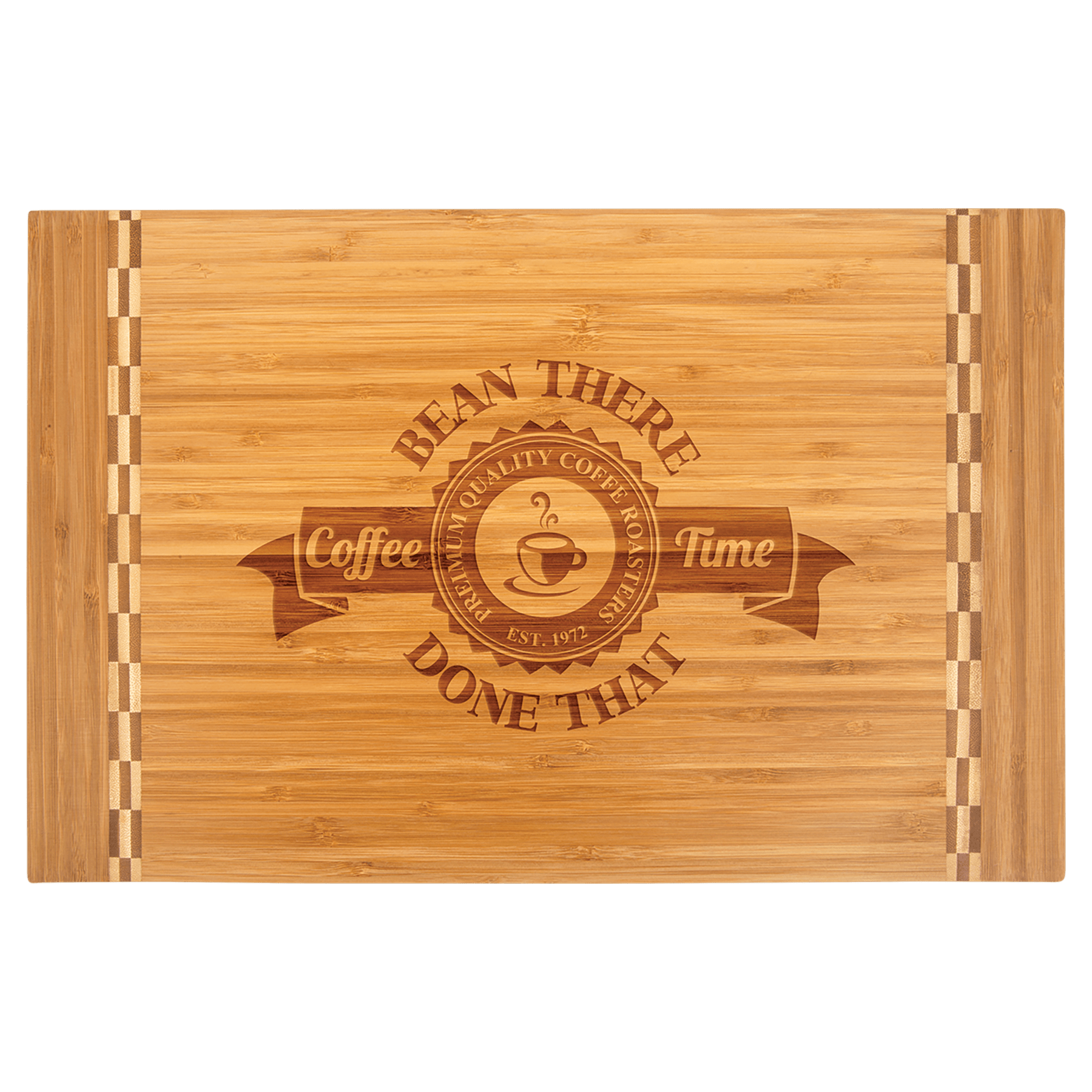 Wooden cutting board with engraved text and logo on a green background