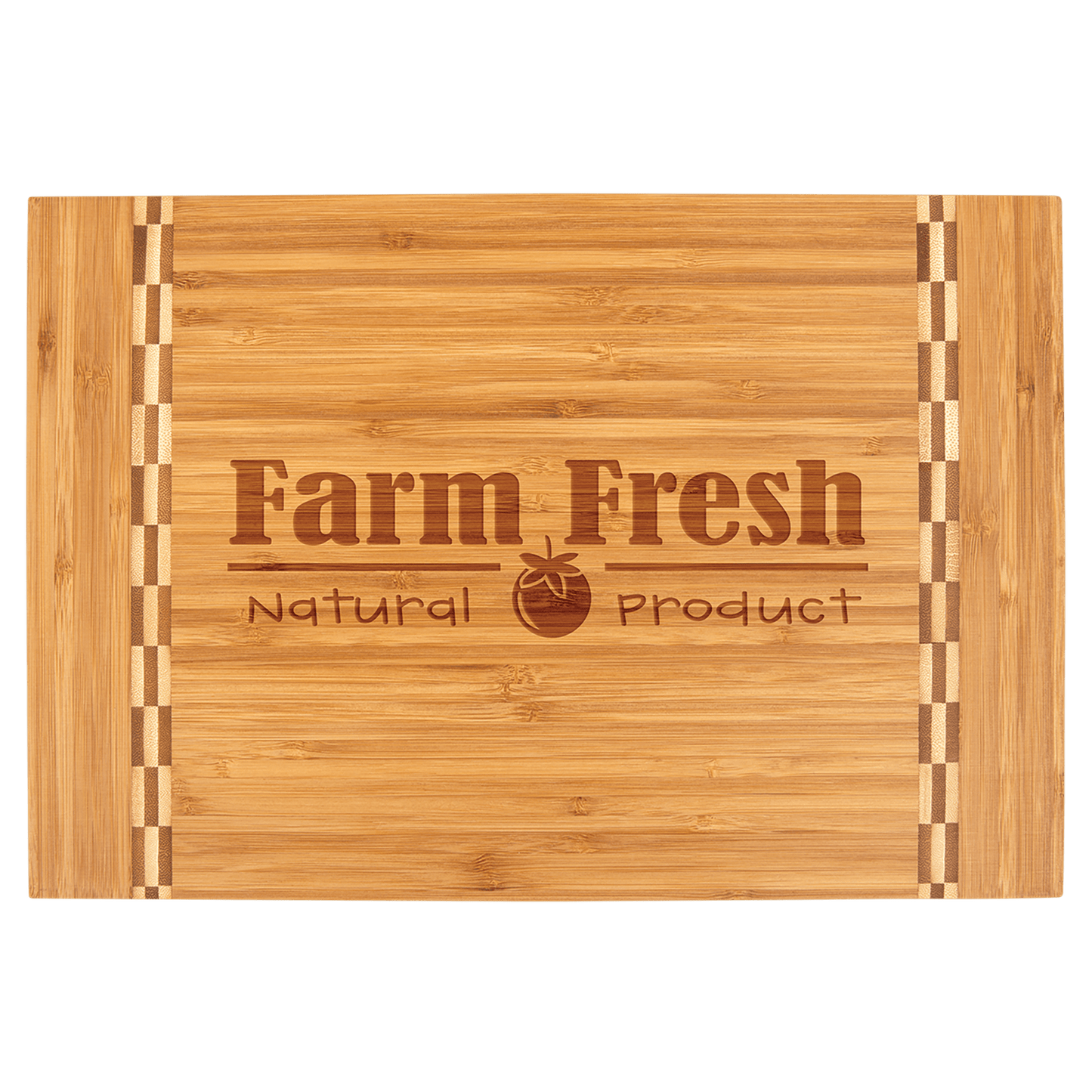 Wooden cutting board with 'Farm Fresh Natural Product' engraving on a green background