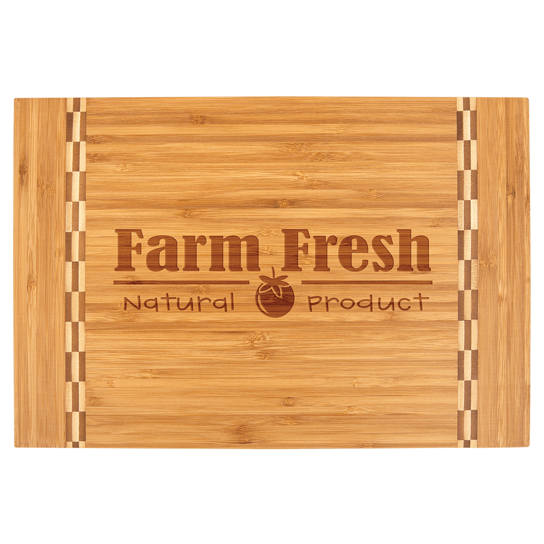 Wooden cutting board with 'Farm Fresh Natural Product' engraving on a green background