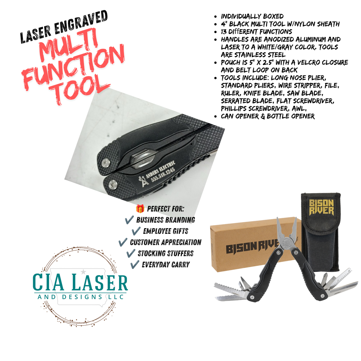 Bison River Black Anodized Aluminum 13 Function Multi Tool Engraved Personalized