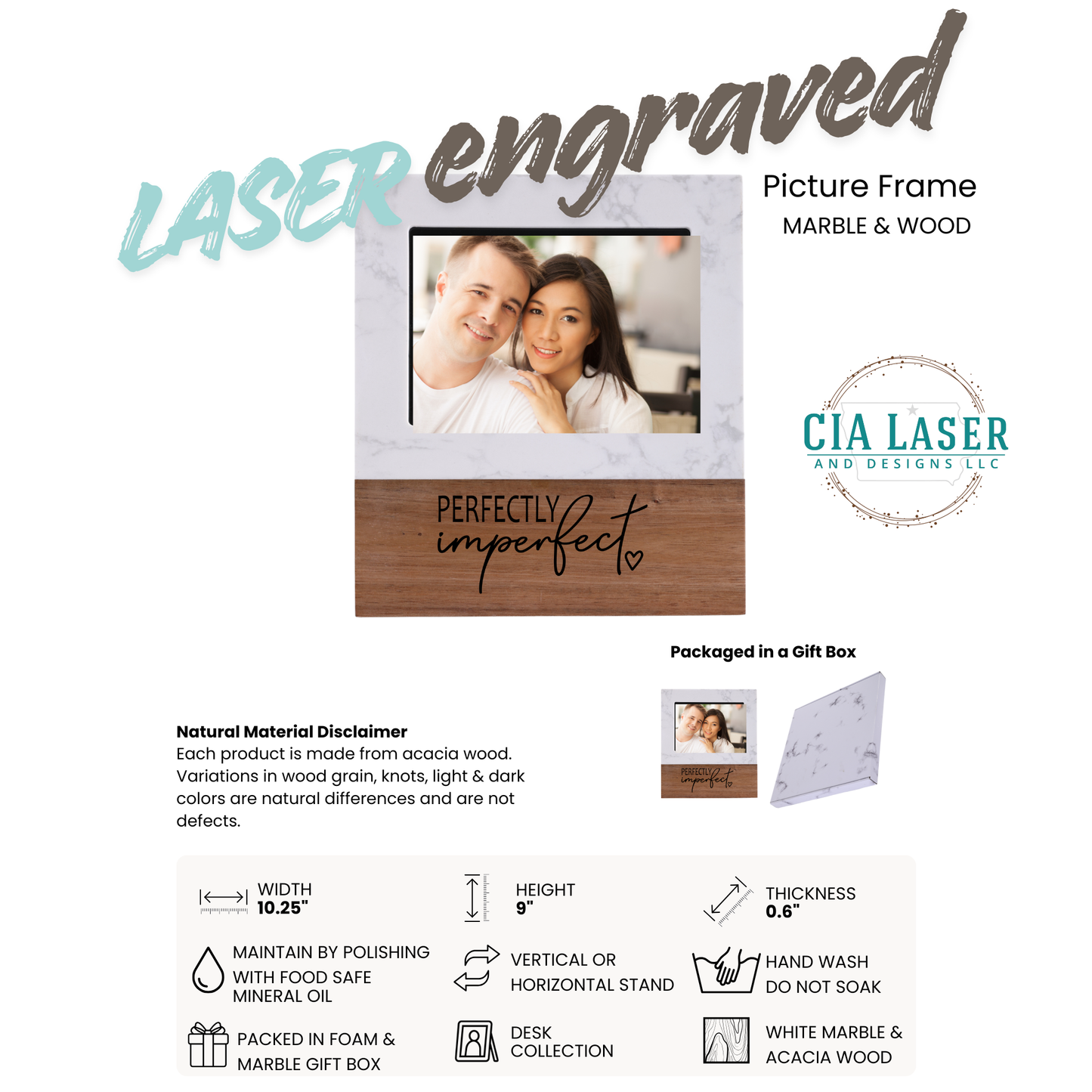 Custom Engraved Wood & Marble Picture Frame – 5 X 7 Photo Gift