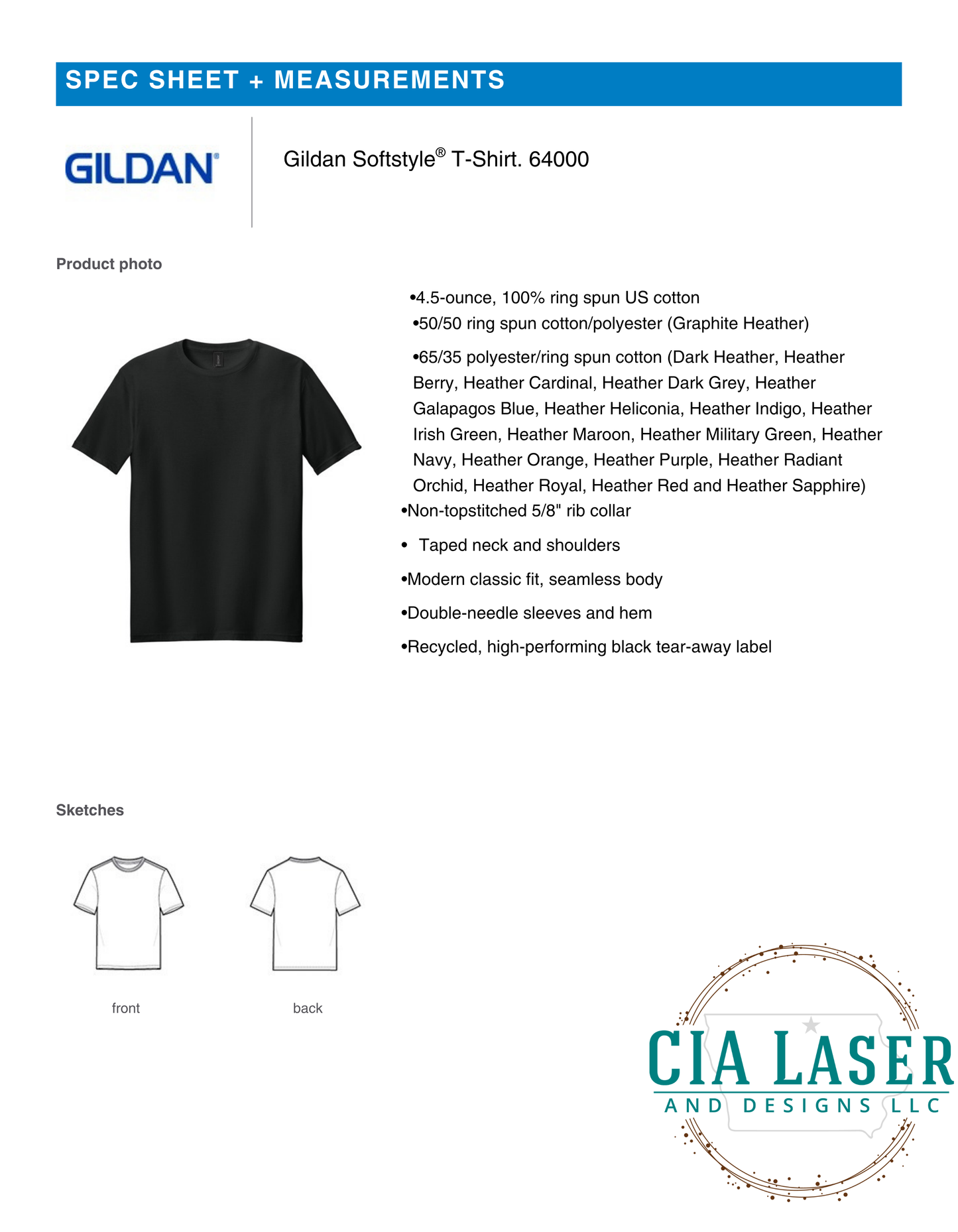 A product specification sheet and measurement guide for a Gildan Softstyle T-Shirt, showing a black product photo, fabric composition details, front and back sketches, and the CTA Laser and Designs LLC logo.