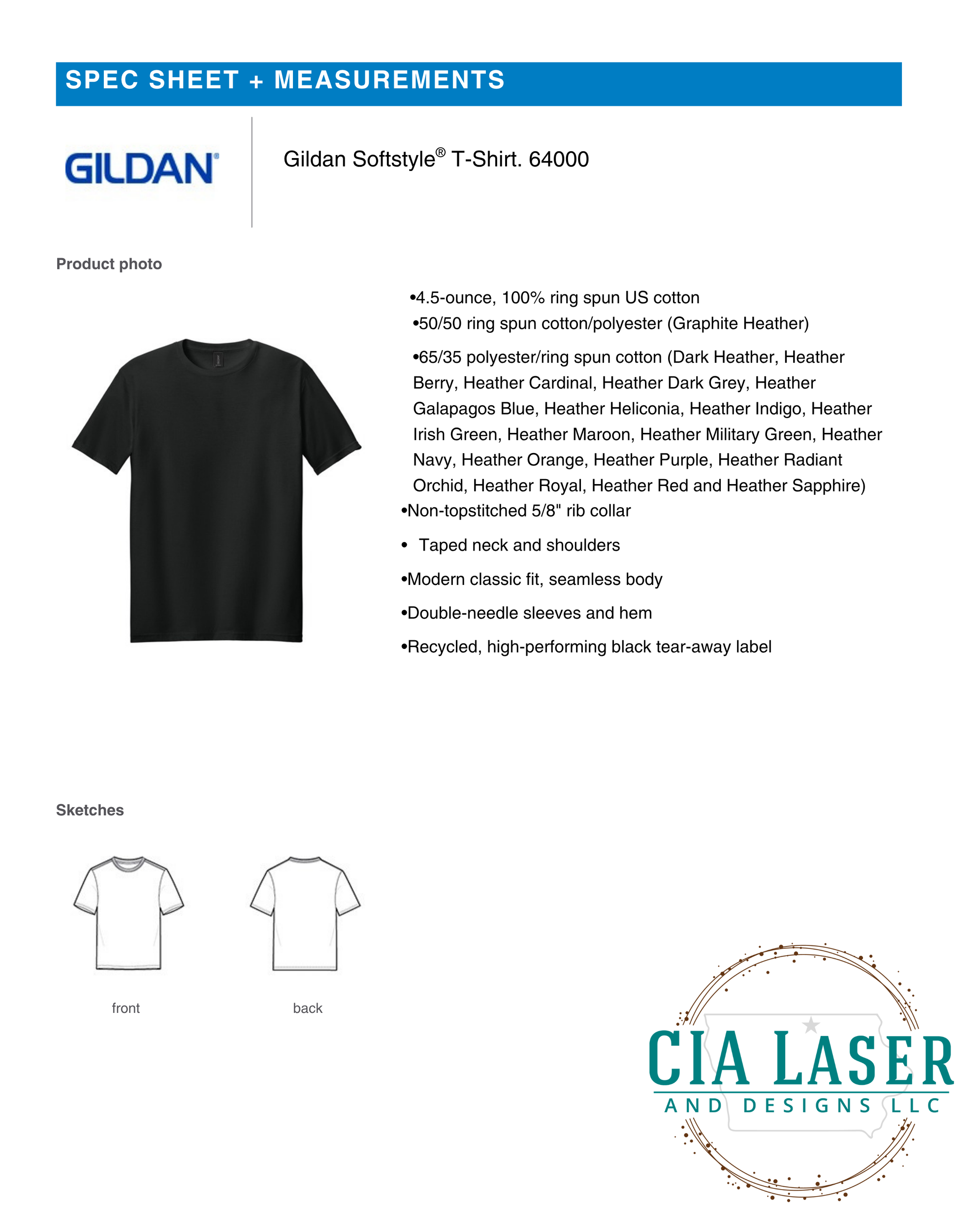 A product specification sheet and measurement guide for a Gildan Softstyle T-Shirt, showing a black product photo, fabric composition details, front and back sketches, and the CTA Laser and Designs LLC logo.