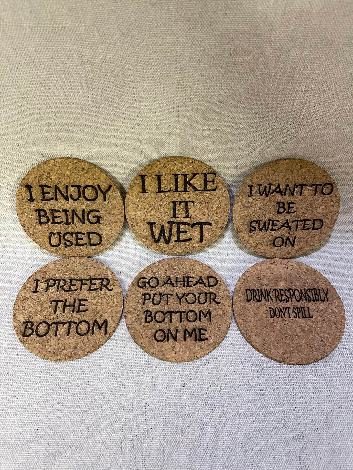 Laser Engraved Funny Cork Coasters set of 6, Conversation starter set of 6 cork coasters, Funny coasters