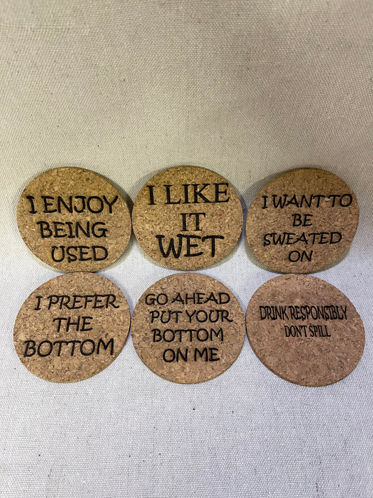 Laser Engraved Funny Cork Coasters set of 6, Conversation starter set of 6 cork coasters, Funny coasters