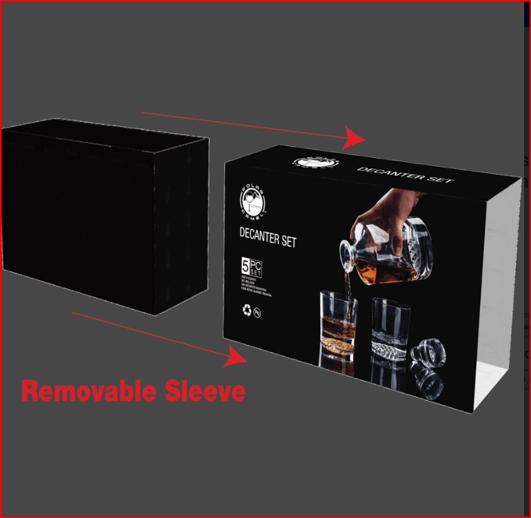 Black box packaging for a decanter set with a removable sleeve feature highlighted.