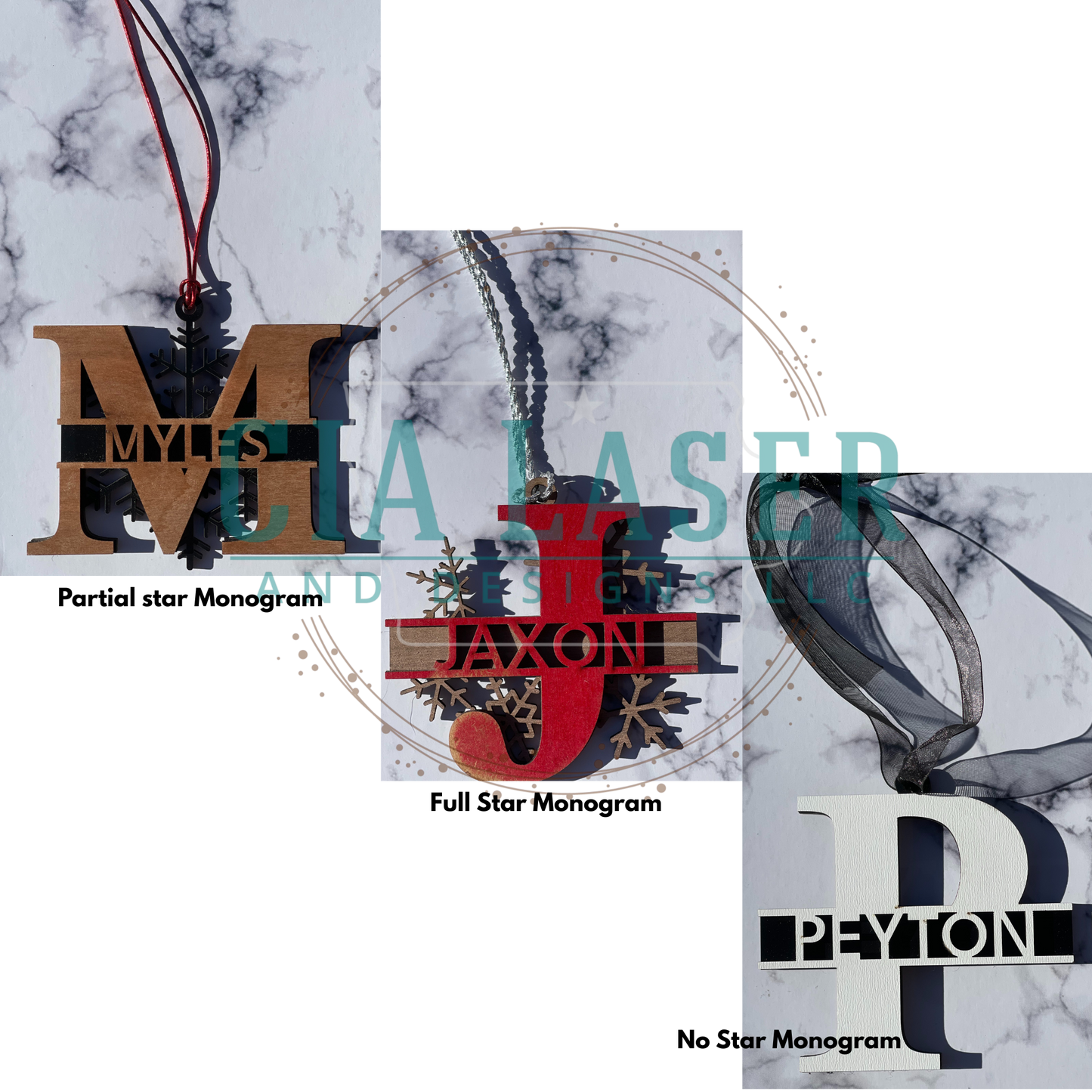 Collage of monogrammed items with names 'Myles', 'Jaxon', and 'Peyton' on a marble background.