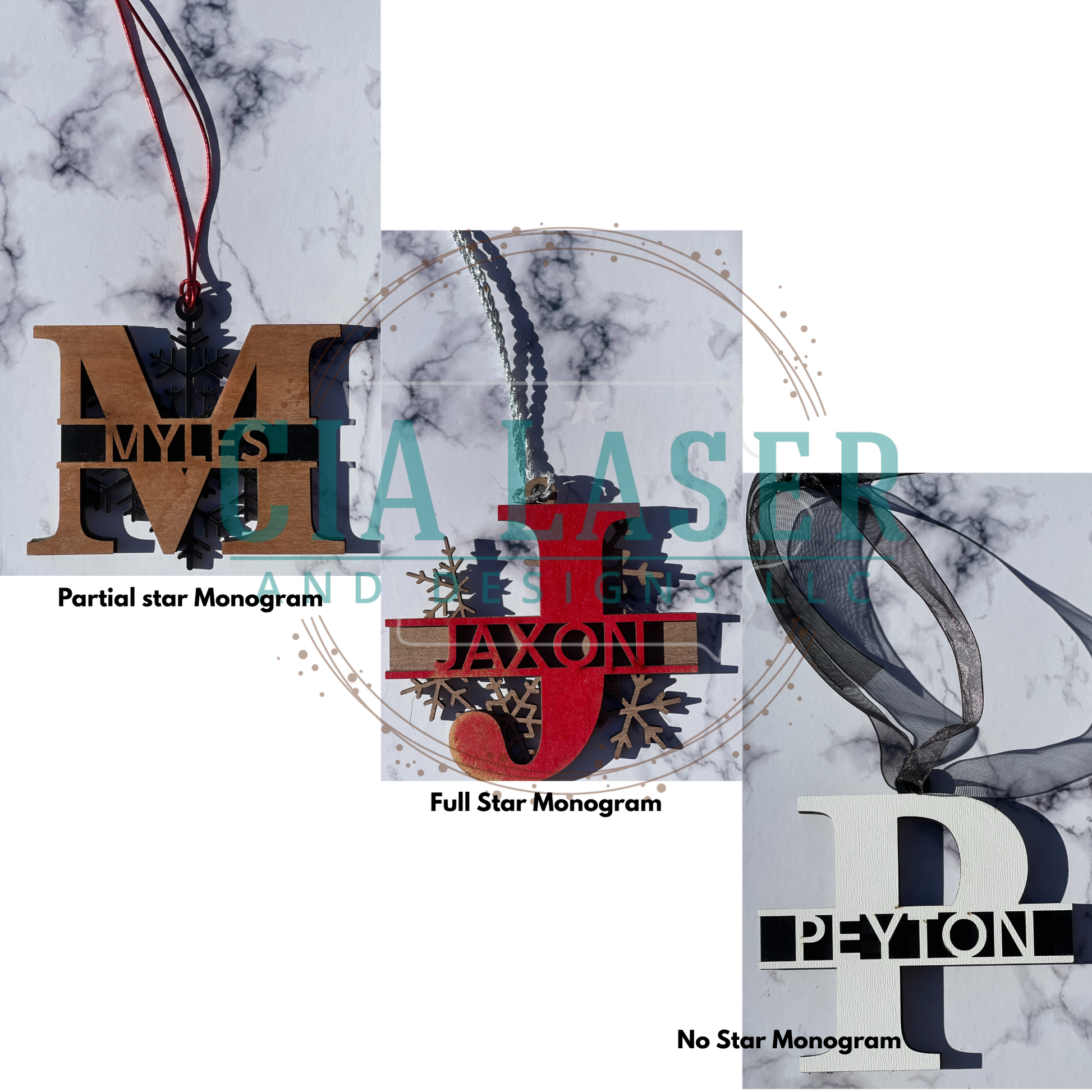 Collage of monogrammed items with names 'Myles', 'Jaxon', and 'Peyton' on a marble background.