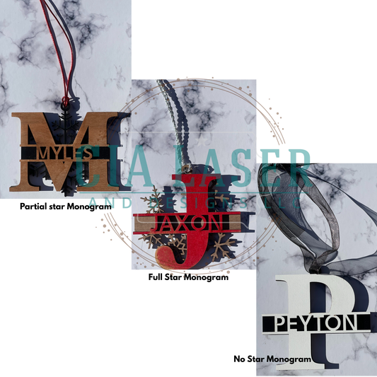 Collage of monogrammed items with names 'Myles', 'Jaxon', and 'Peyton' on a marble background.