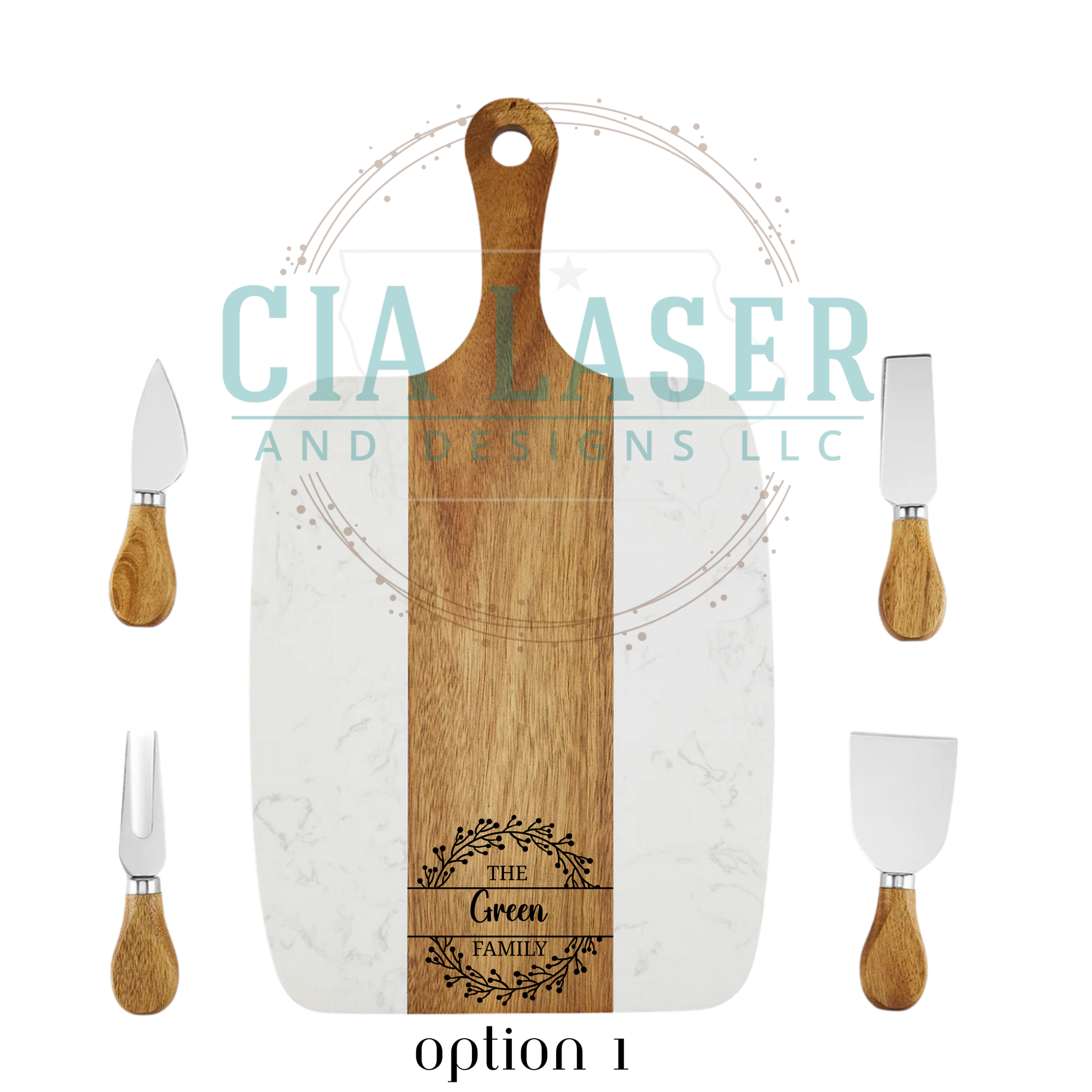 Wooden cutting board with engraved design and four配套的木制刀具，品牌为CIA LASER AND DESIGNS LLC。
