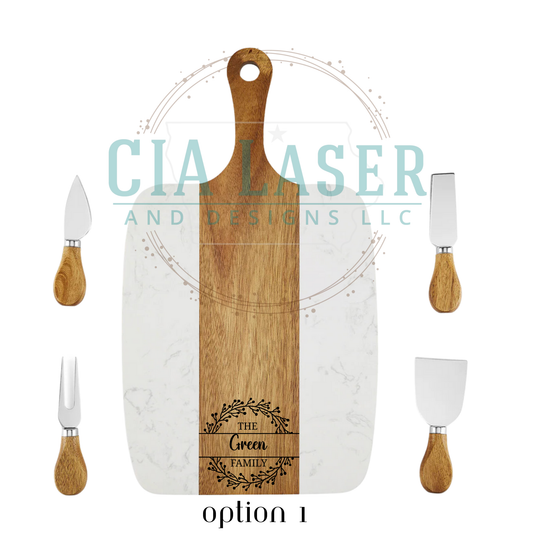 Wooden cutting board with engraved design and four配套的木制刀具，品牌为CIA LASER AND DESIGNS LLC。