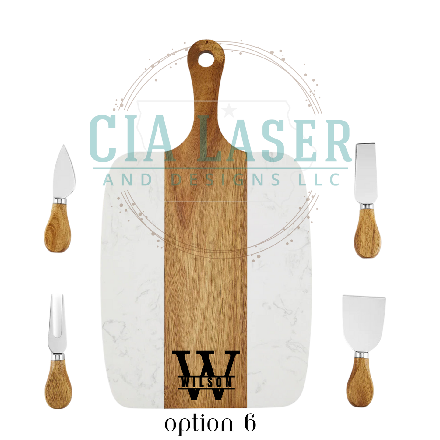 Wooden cutting board with marble pattern and four utensils on a white background, featuring CIA Laser and Designs LLC branding.