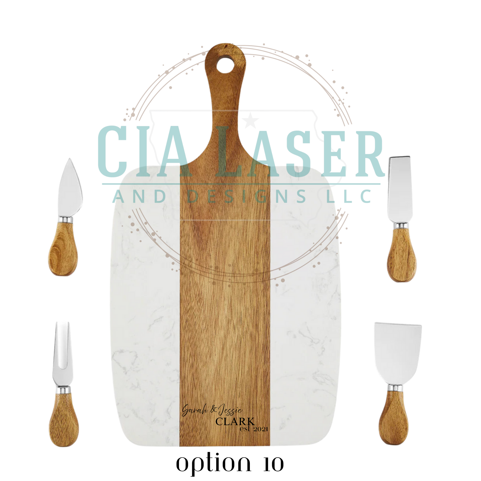 Wooden cutting board with four utensils on a white background, featuring the brand 'CIA Laser and Designs LLC'.