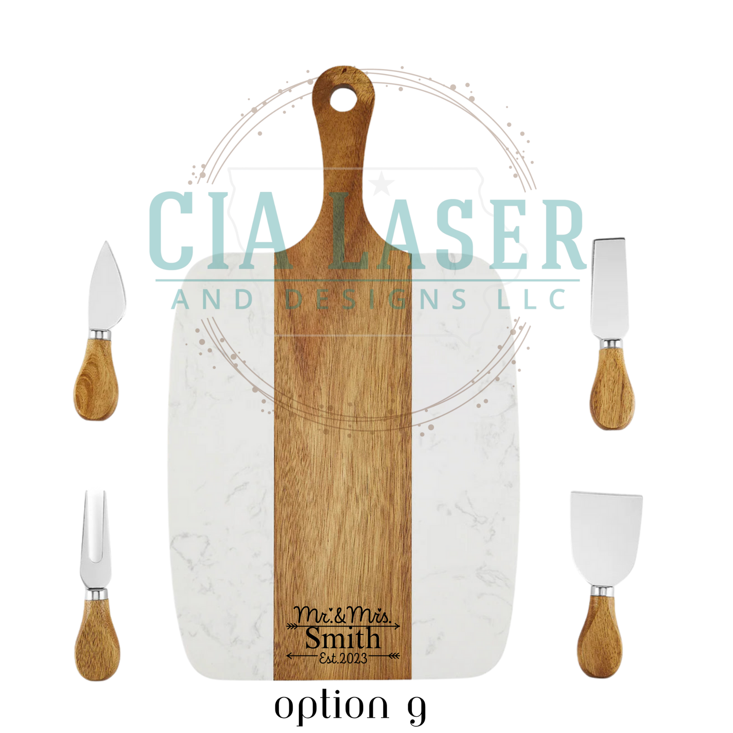 Wooden cutting board with four utensils on a white background, featuring 'CIA LASER AND DESIGNS LLC'.