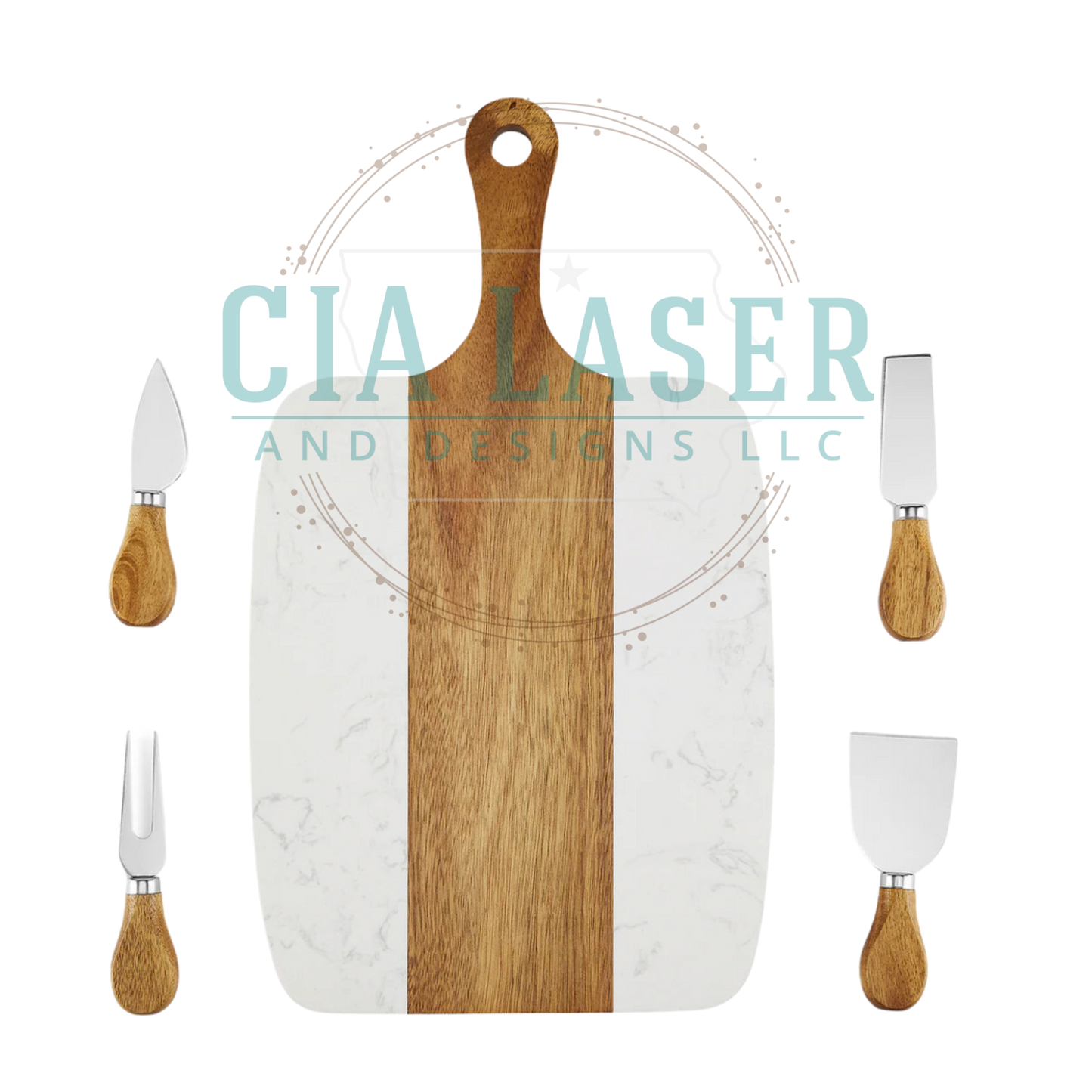 Wooden cutting board with four wooden-handled knives on a white background, featuring CIA Laser and Designs LLC branding.
