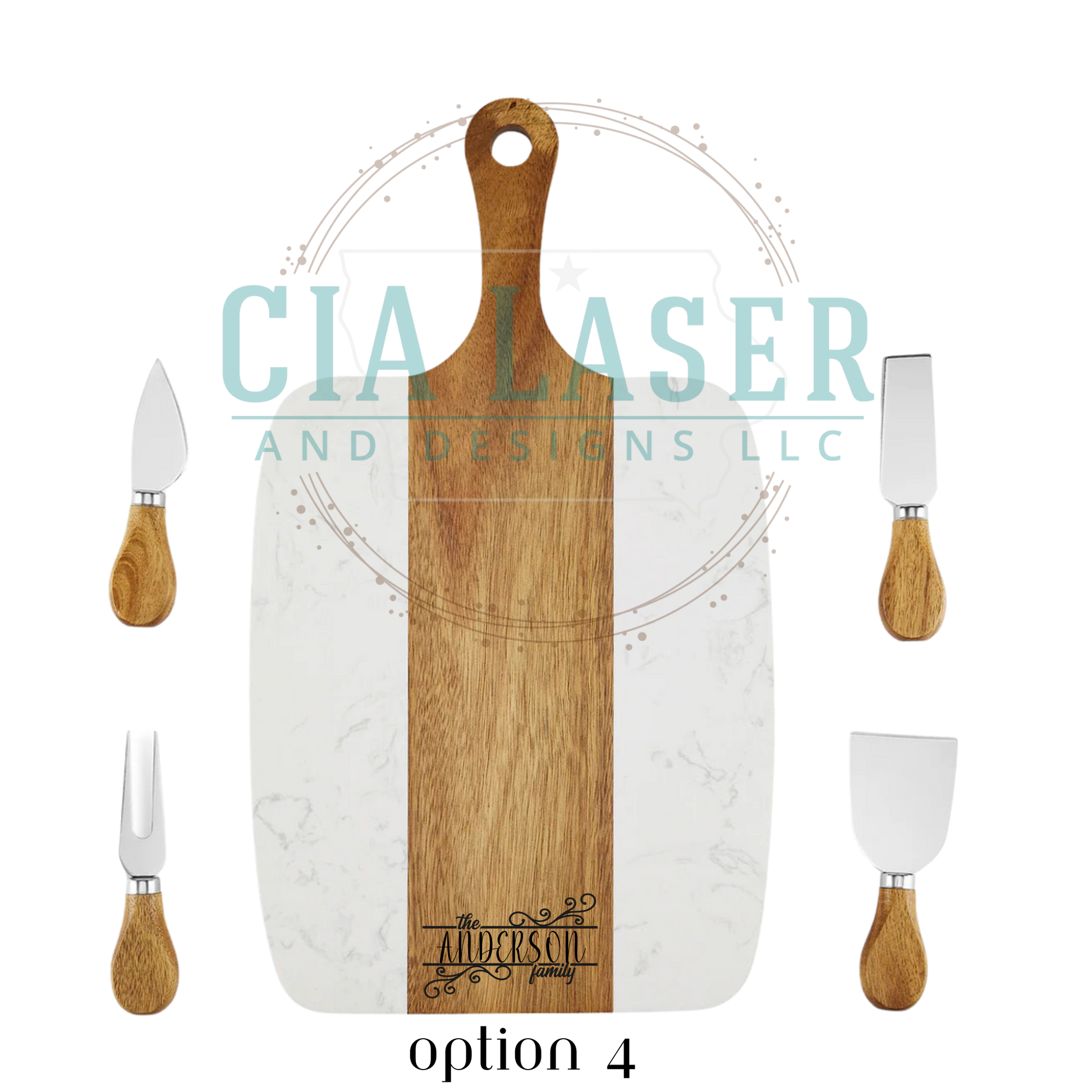 Wooden cutting board with four utensils on a white background, featuring the brand 'CIA LASER AND DESIGNS LLC'.