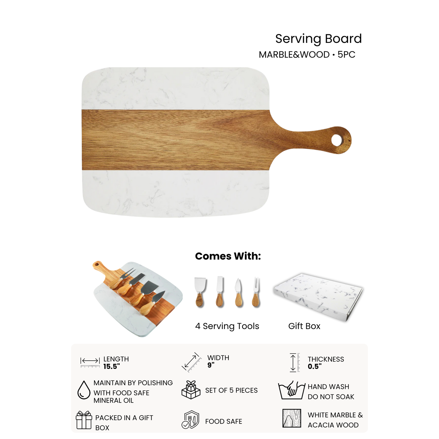 Marble and wood serving board set with tools and gift box on a white background