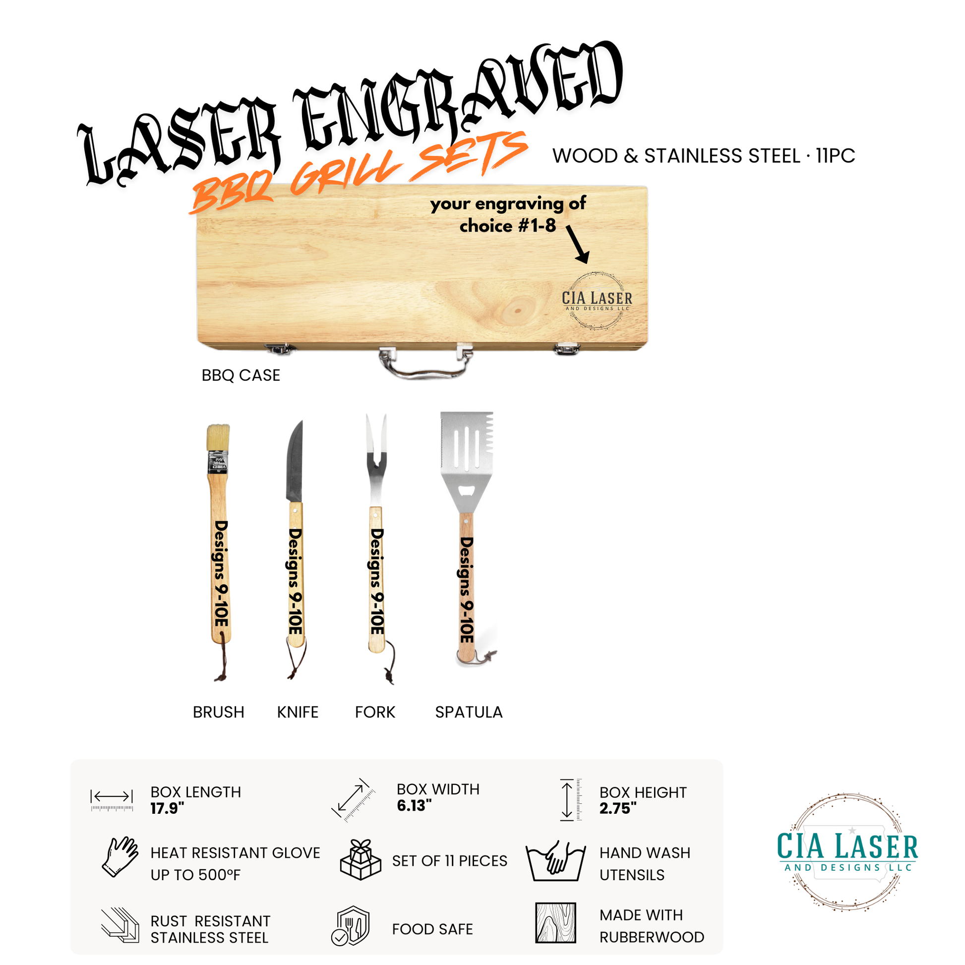 Laser engraved BBQ grill set with wooden case and utensils on a white background