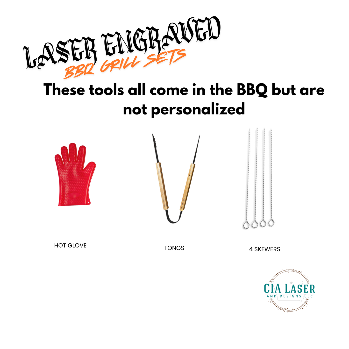 BBQ grill set tools including a red glove, tongs, and skewers with 'Laser Engraved' text on a white background.