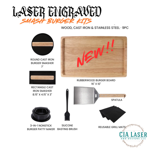 Laser engraved smash burger kit with various tools on a white background