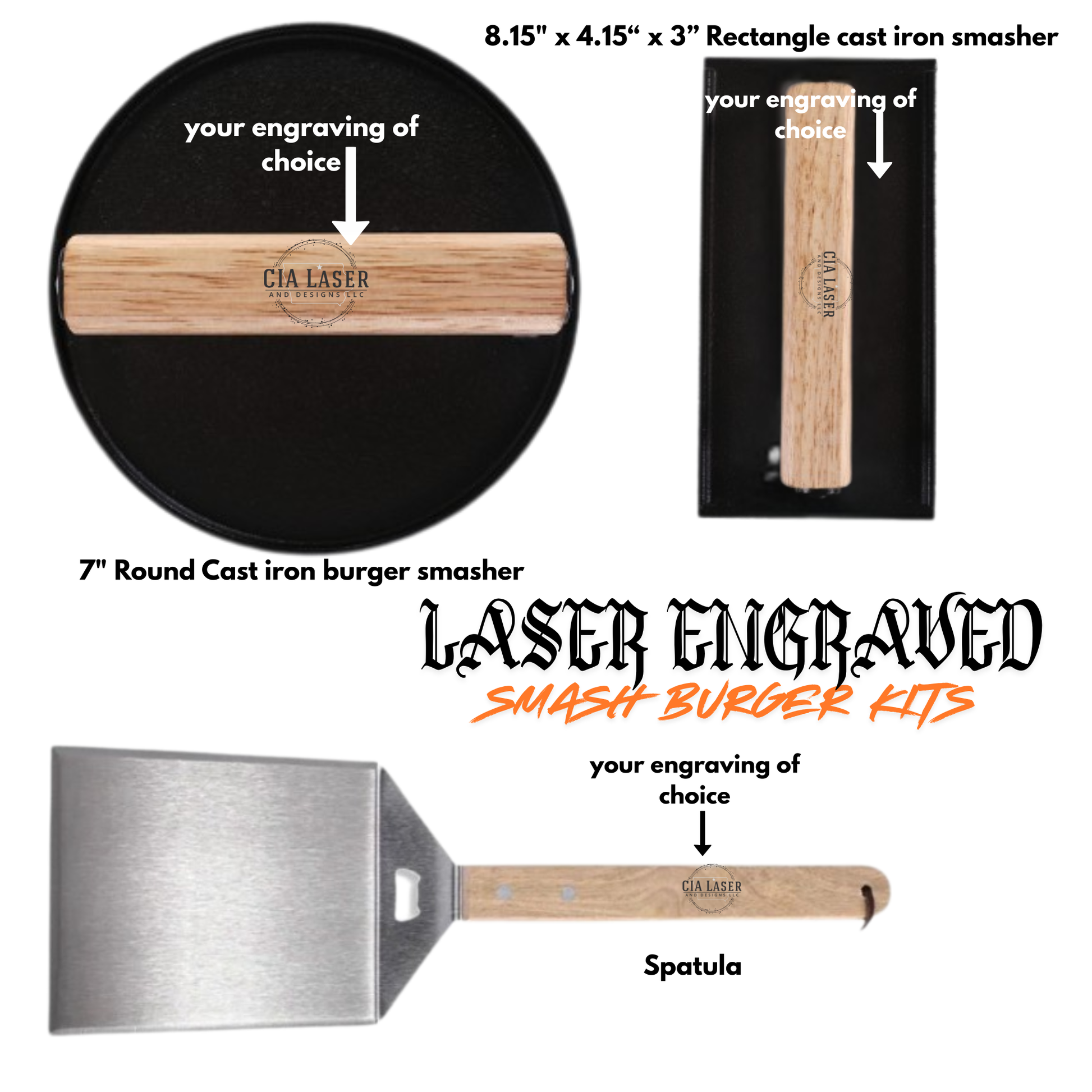 Laser engraved smash burger kit with smasher, spatula, and engraving options on a white background.