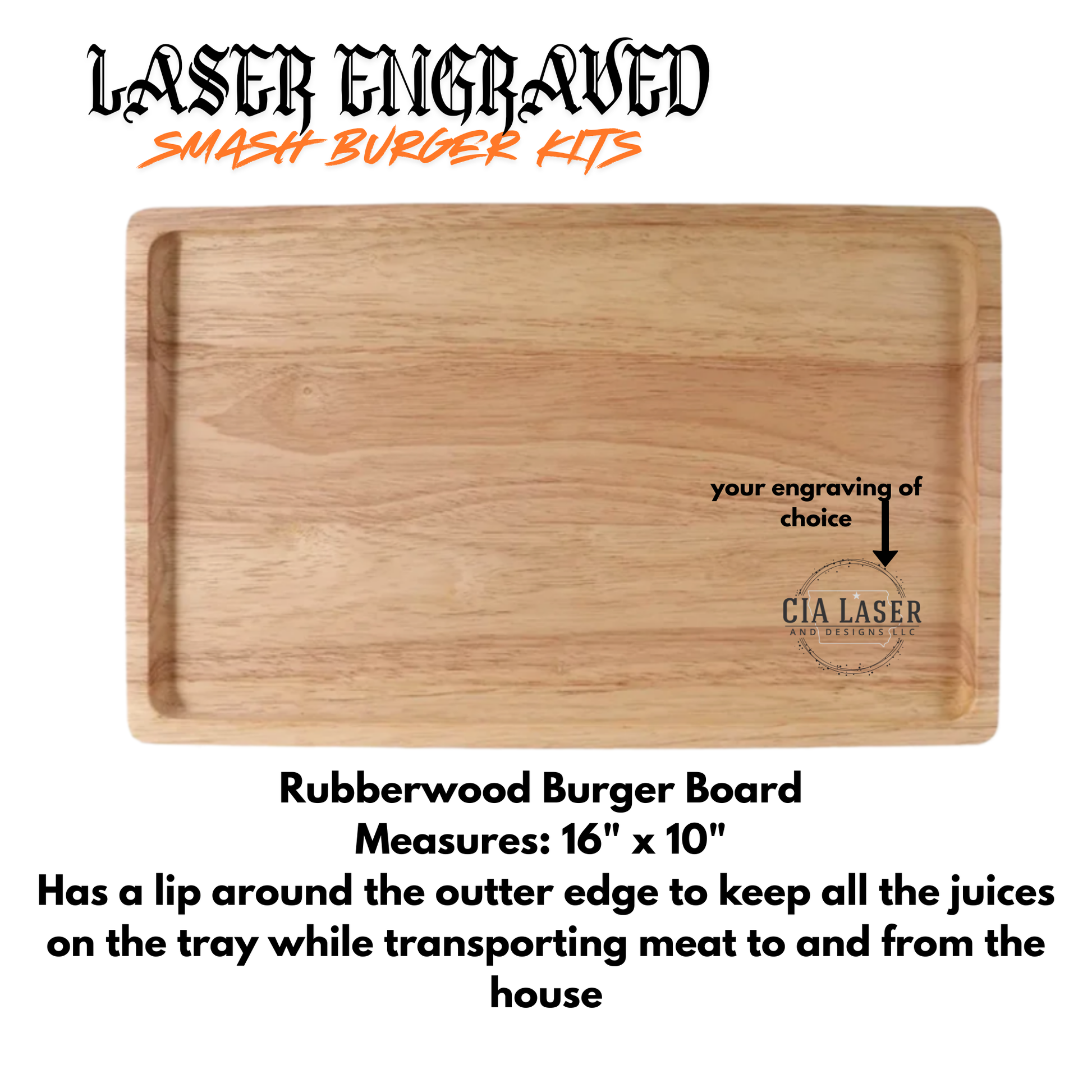 Wooden burger board with engraving options on a white background