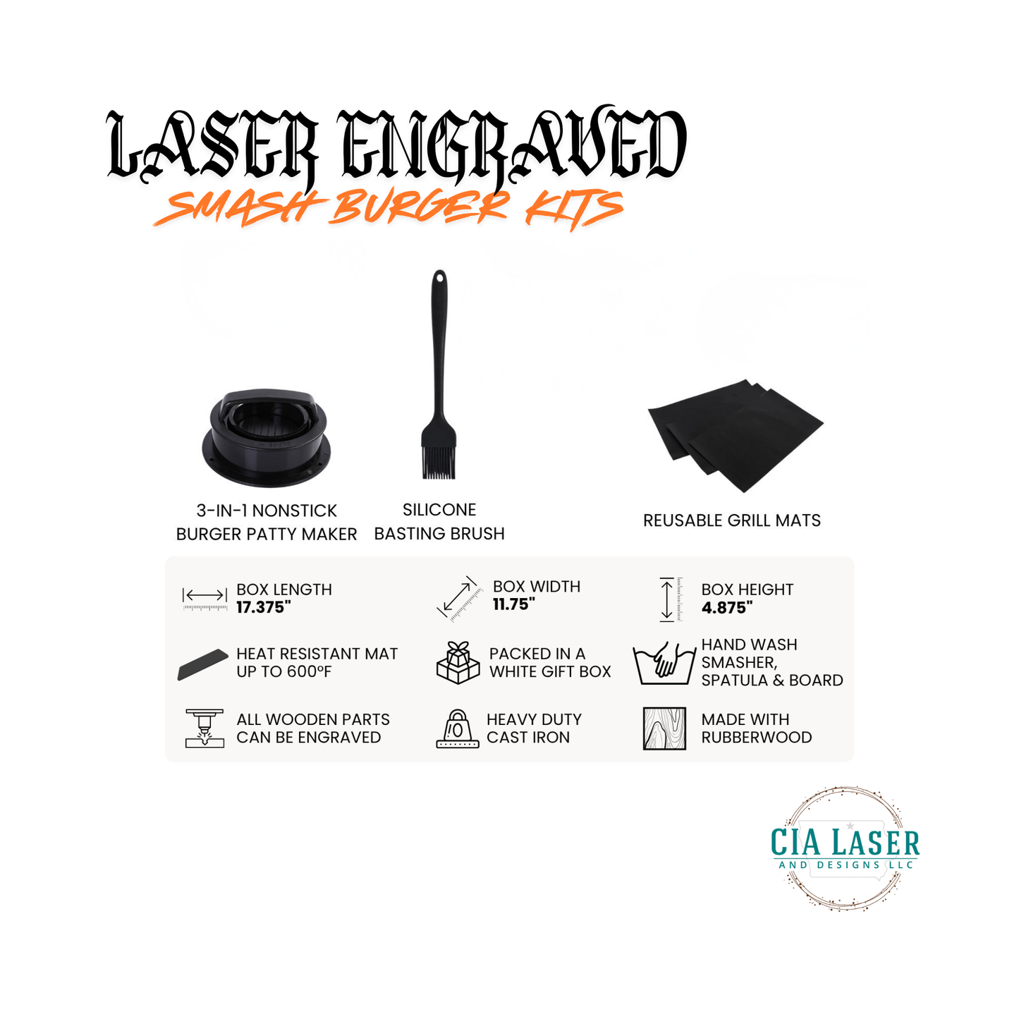 Laser engraved smash burger kit with components and specifications on a white background