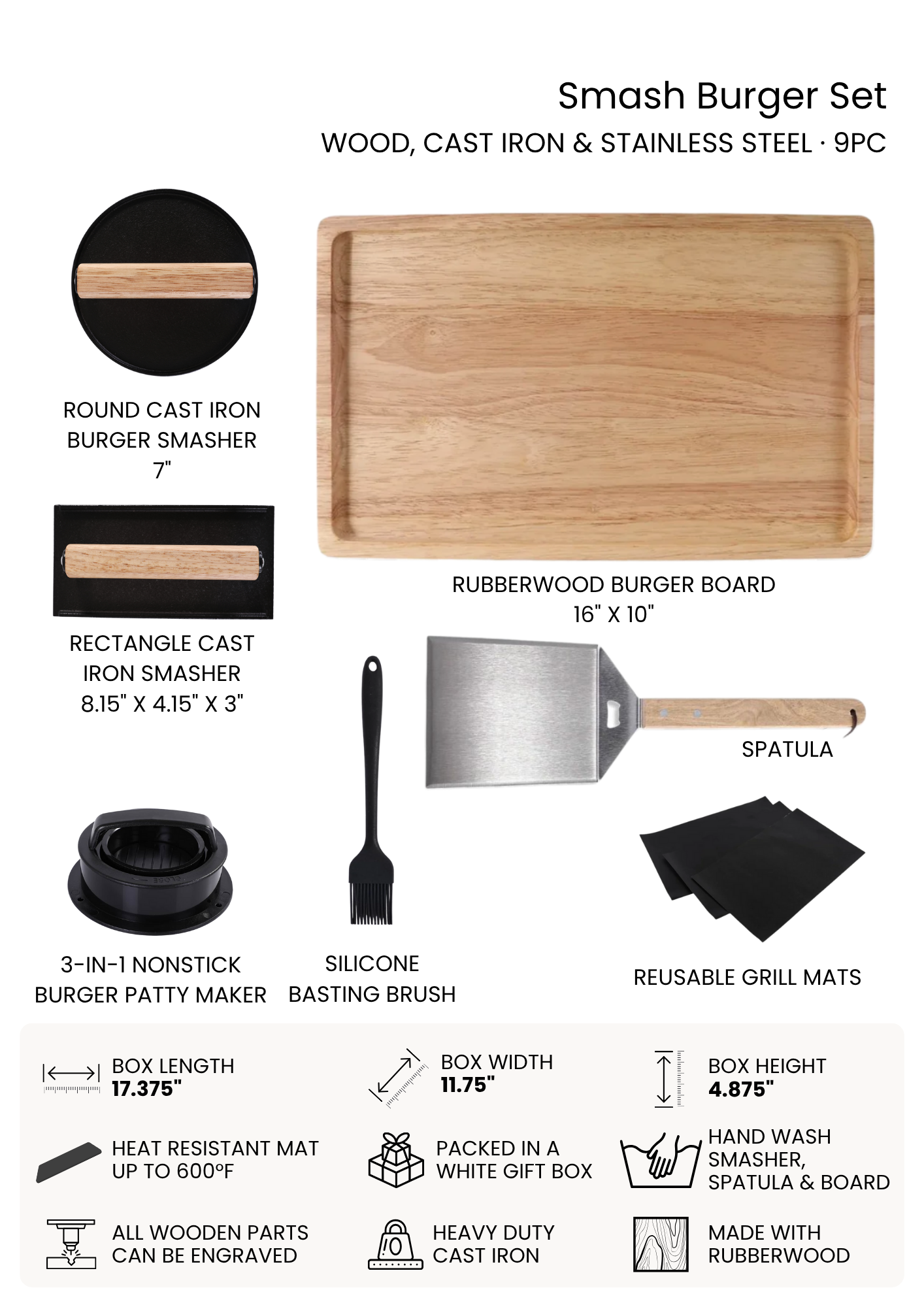 Smash Burger Set with round and rectangle cast iron smashers, rubberwood burger board, spatula, silicone basting brush, 3-in-1 nonstick burger patty maker, reusable grill mats, and heat resistant mat.