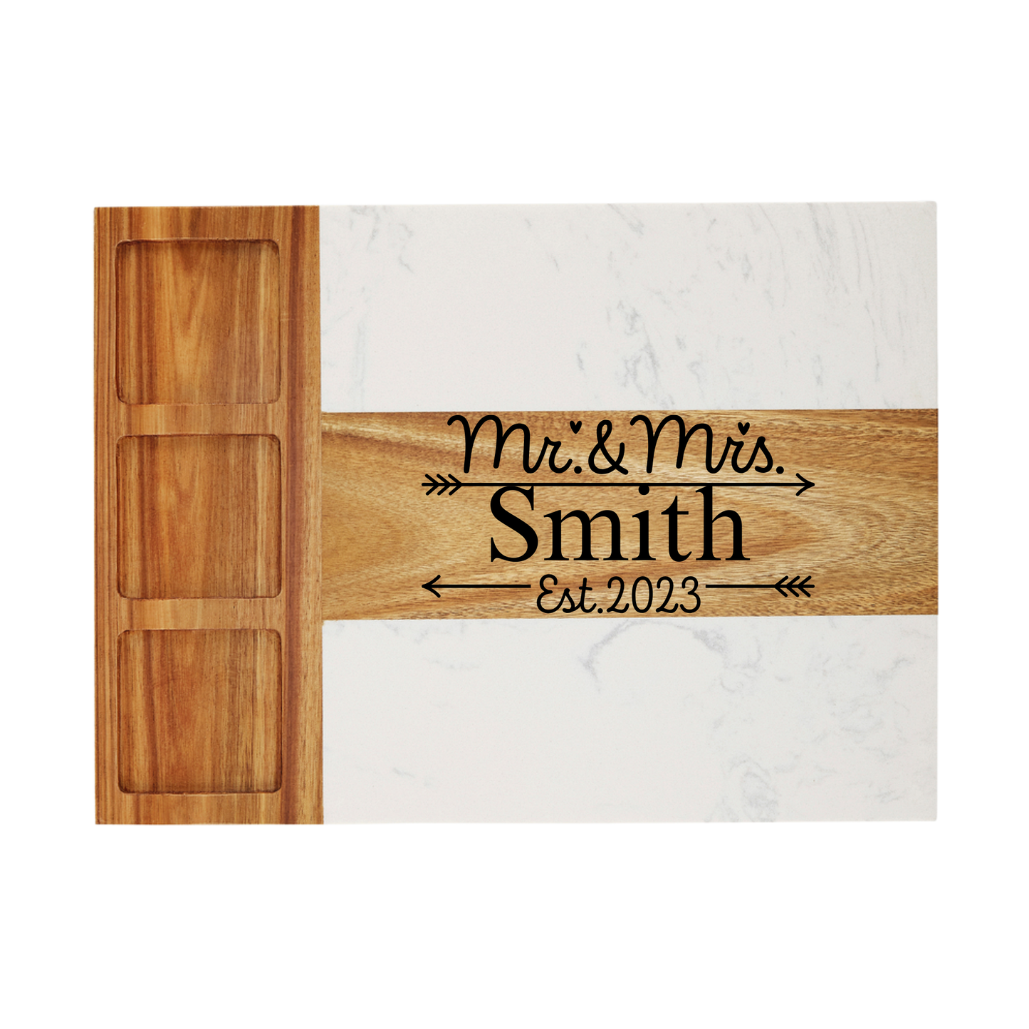 Wooden door with 'Mr & Mrs Smith Est. 2023' engraving on a marble background