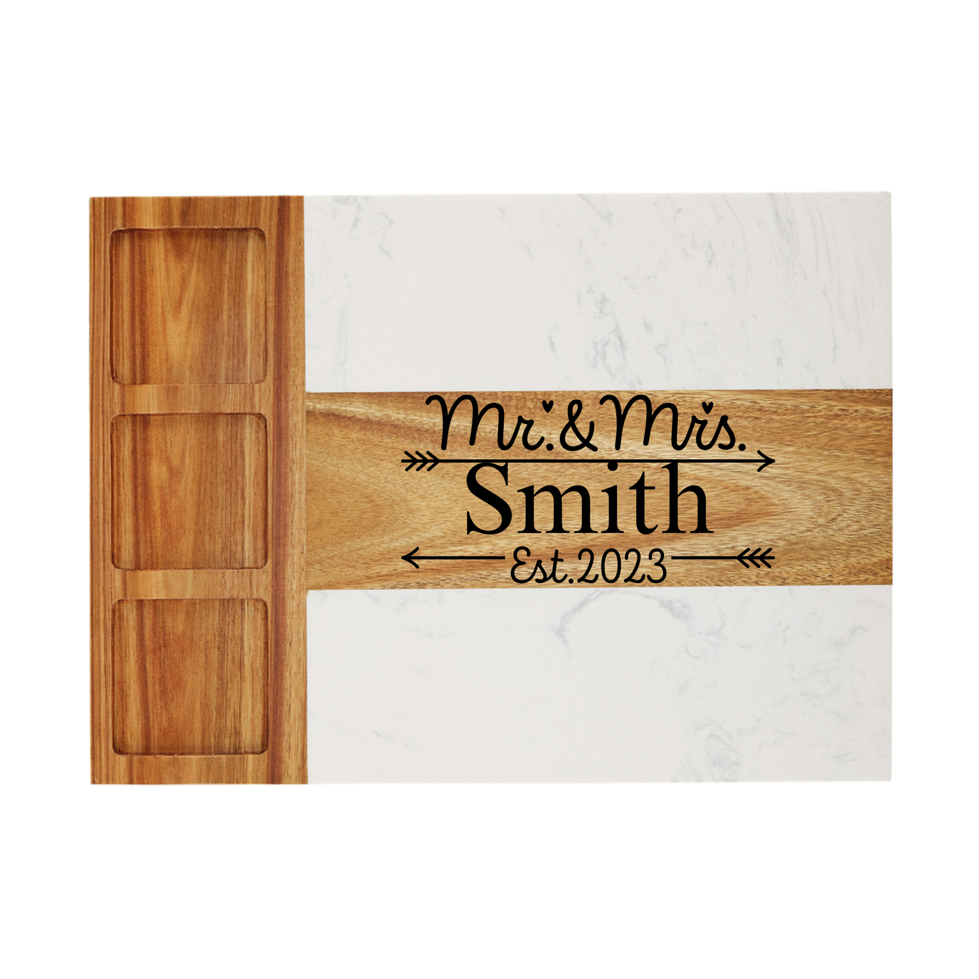Wooden door with 'Mr & Mrs Smith Est. 2023' engraving on a marble background