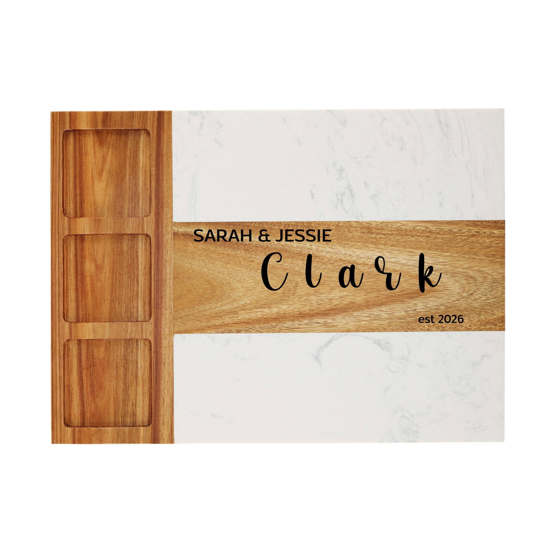 Wooden cutting board with engraved text on a marble background