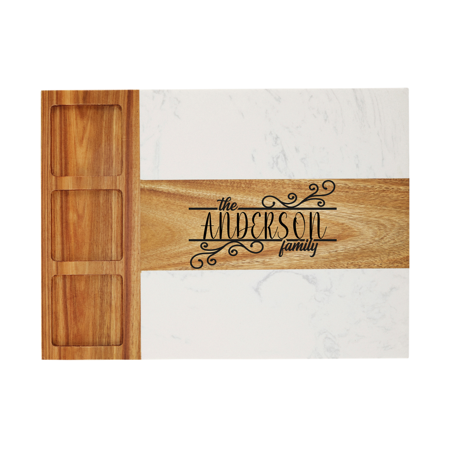 Wooden cutting board with 'the Anderson family' engraving on a marble background
