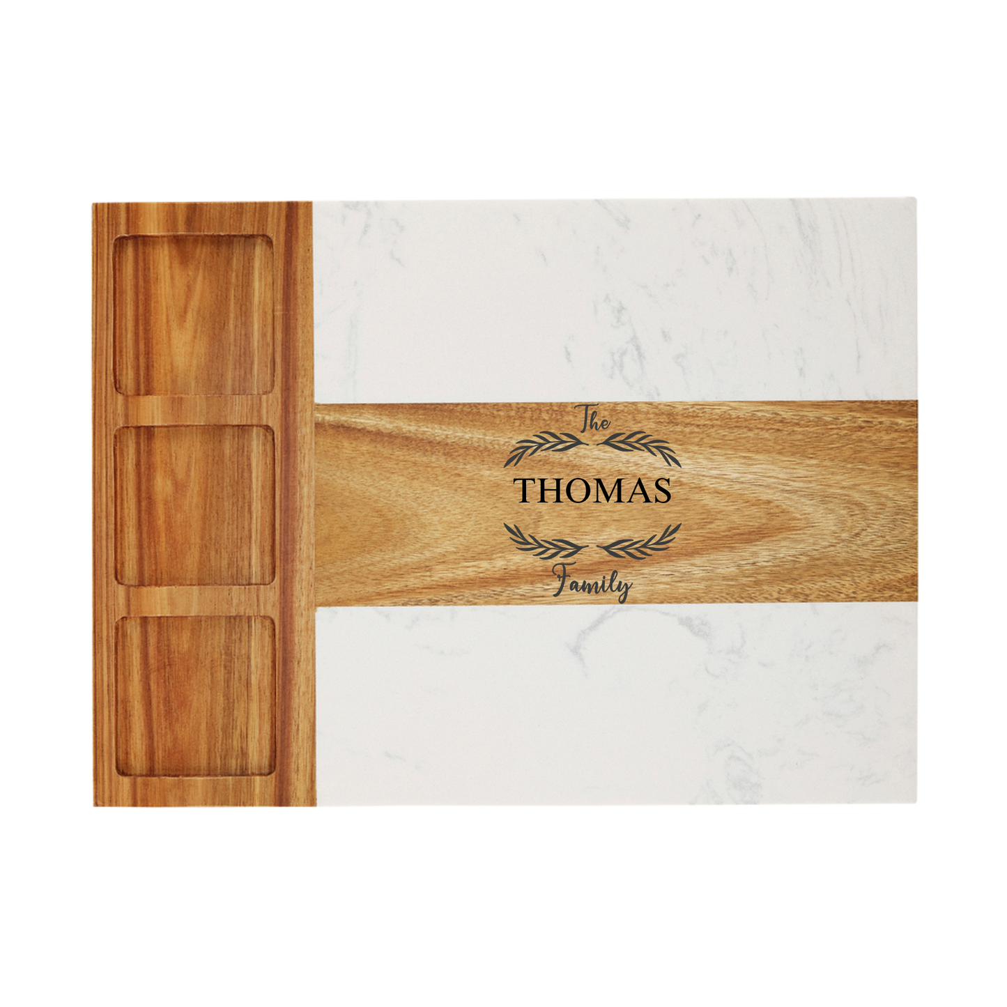 Wooden cutting board with engraved text on a marble surface