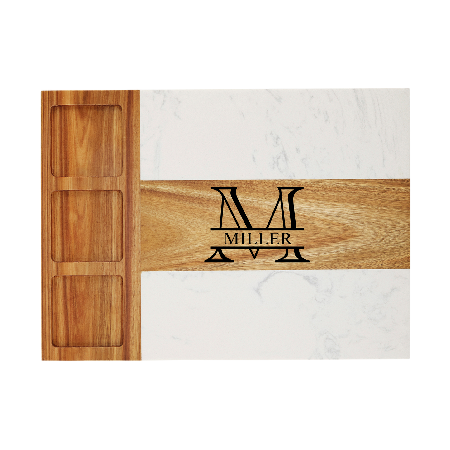 Wooden cutting board with 'Miller' engraving on a marble background