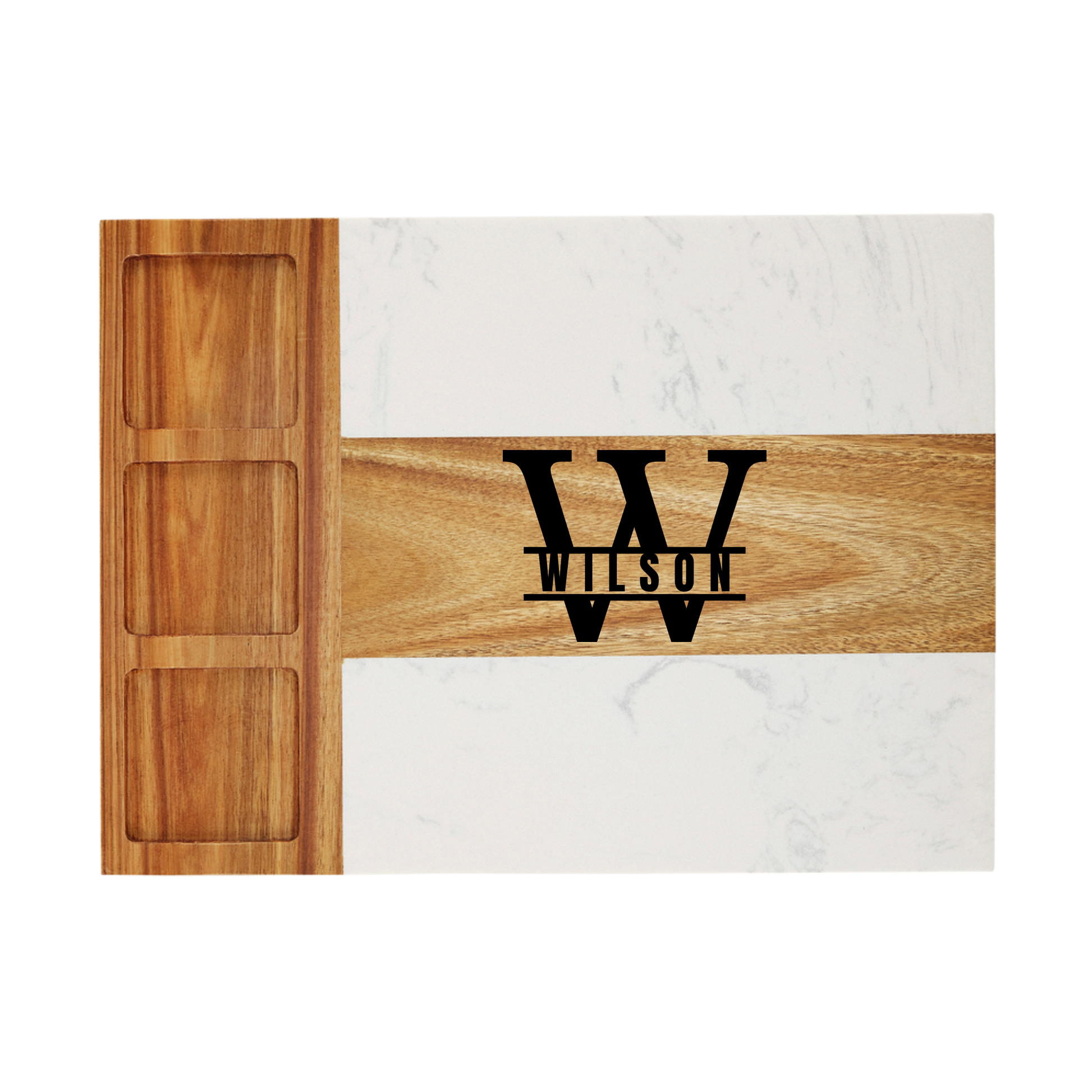 Wooden cutting board with a marble background and 'Wilson' branding.