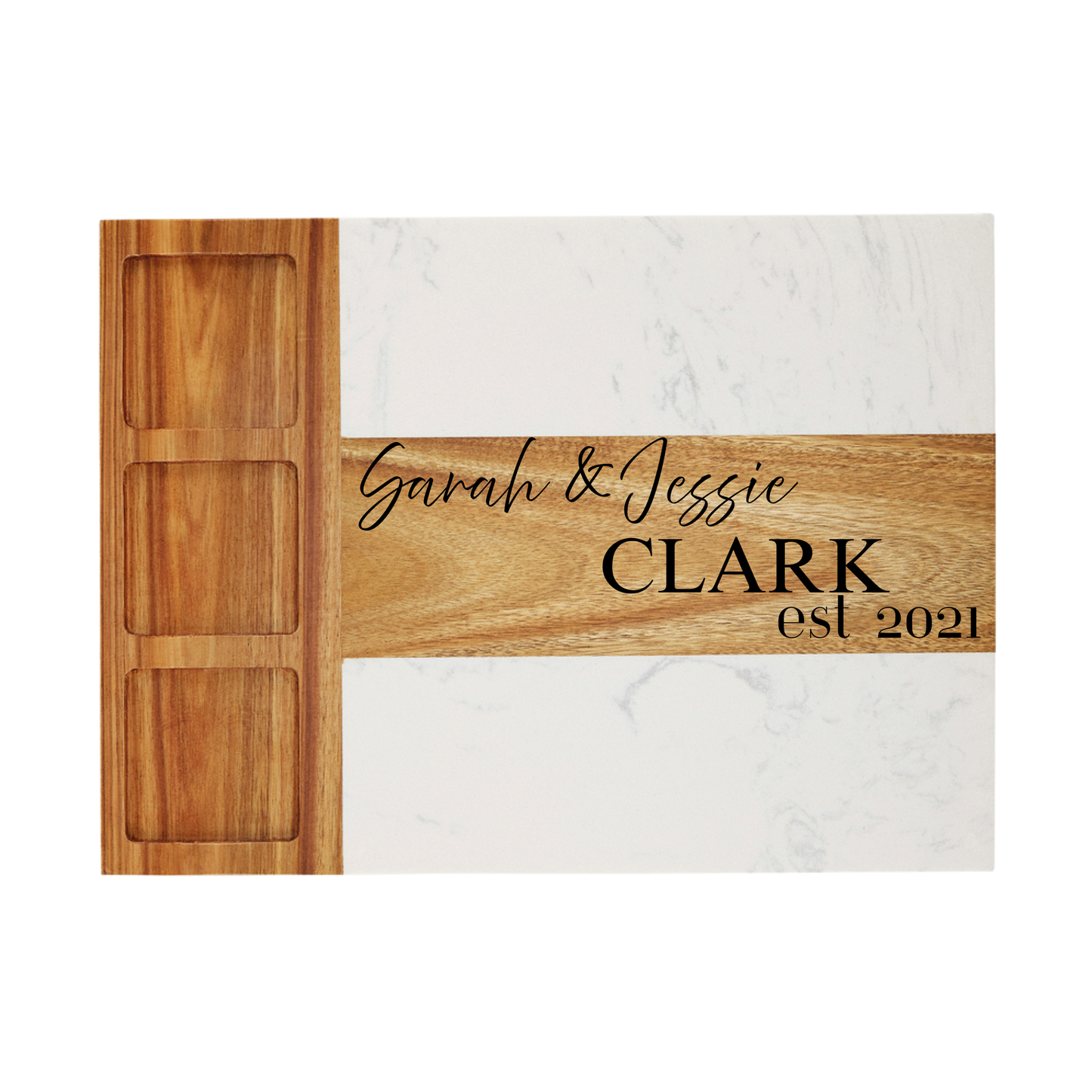 Wooden cutting board with engraved text on a marble background