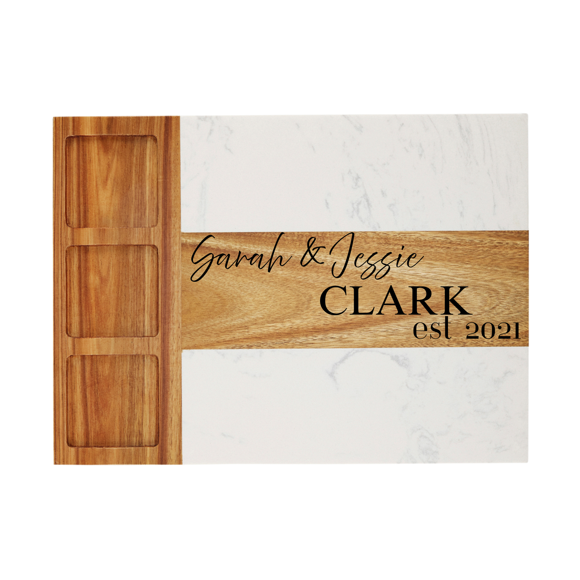 Wooden cutting board with engraved text on a marble background